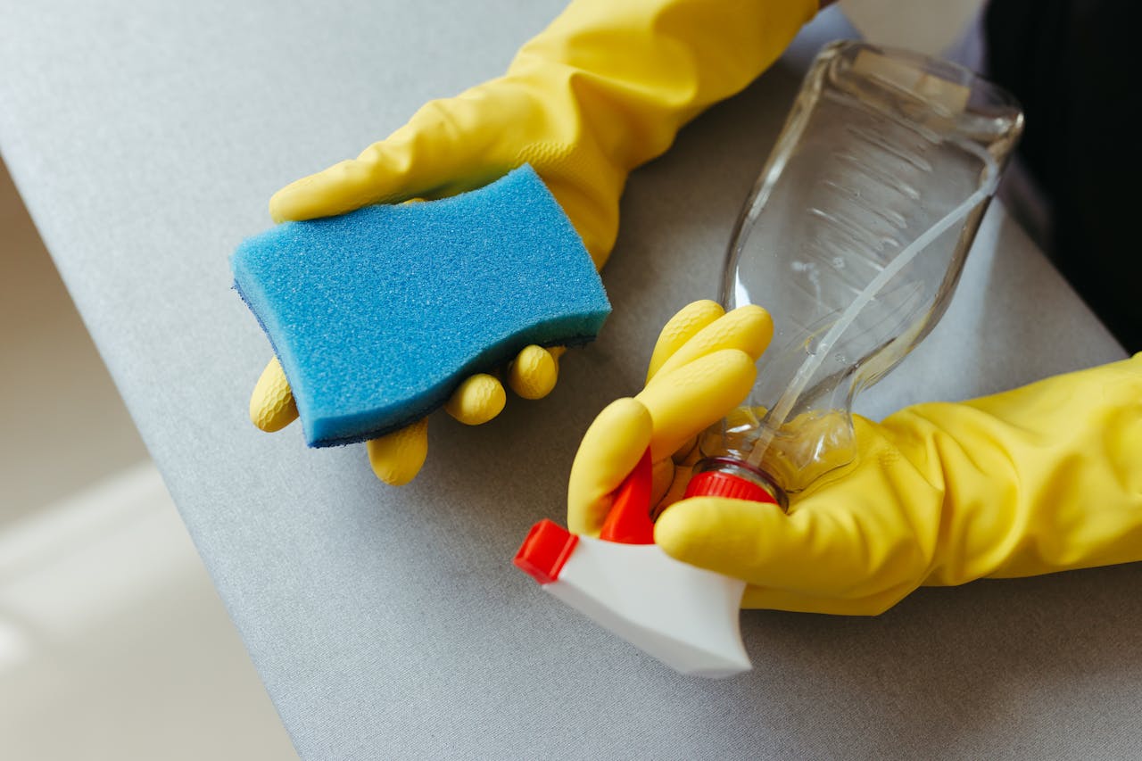 services-03 Close-up of hands in gloves holding a sponge and spray bottle for cleaning.
